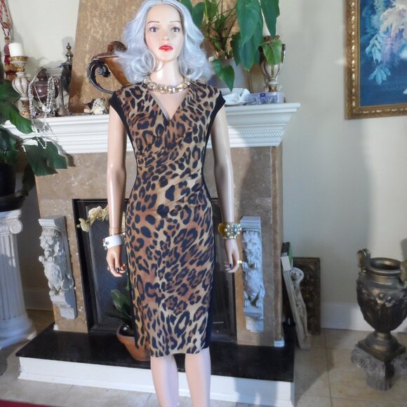 Escada Black & Brown Leopard Print Ruched Surplice Sheath Dress Size EU 38- US 8 - Picture 3 of 16